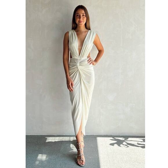 New Anthropologie Baobab Mia Plunge V-Neck Gathered Midi Sheath Dress $285 Large - Picture 1 of 11